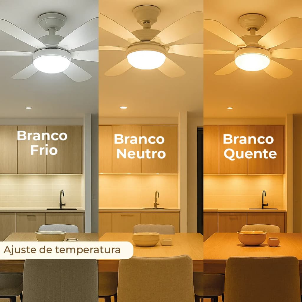 Ventilador de Teto com Luminária LED, 6 Lâminas, Controle Remoto, Silencioso 60W