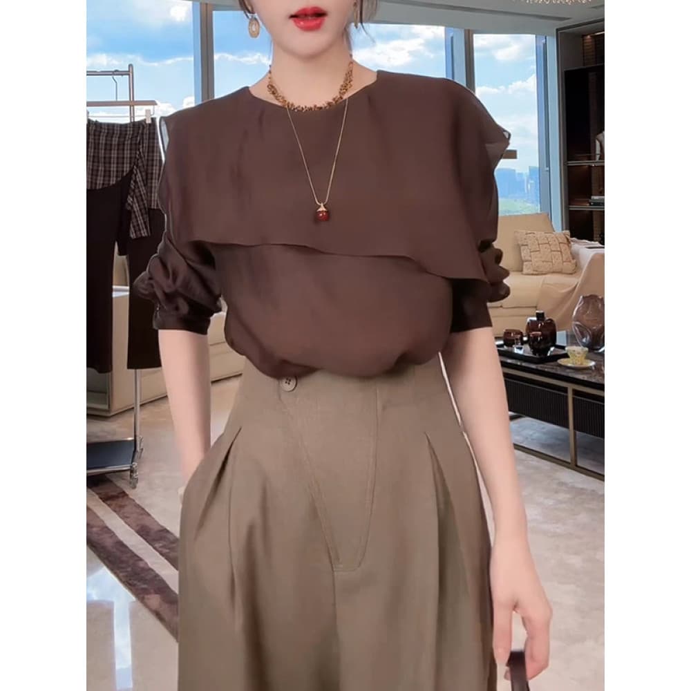 Estilo literário temperamento cor sólida costura malha em torno do pescoço camisa senhoras outono High-End sentimento ca
