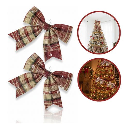Kit 2 Laço Xadrez Floco De Neve Decoração Enfeite Árvore Xadrez Vermelho