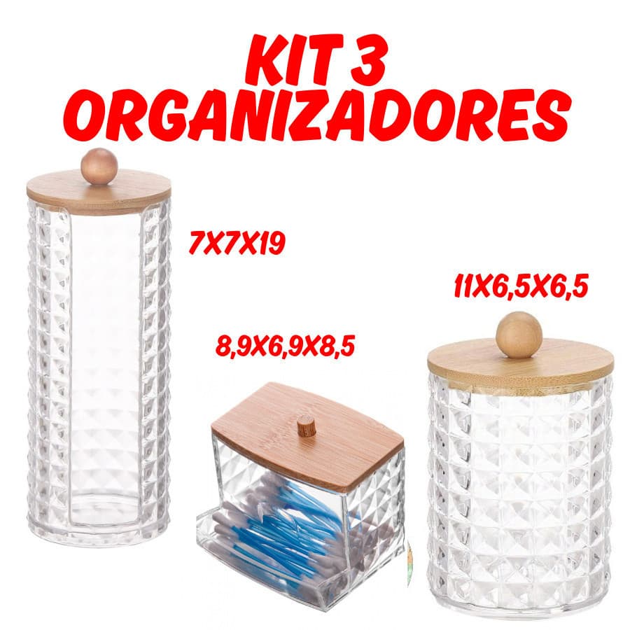 KIT 3 Potes Porta Discos De Algodão Porta Cotonete Organizadores Plastico Tampa De Bambu Multiuso