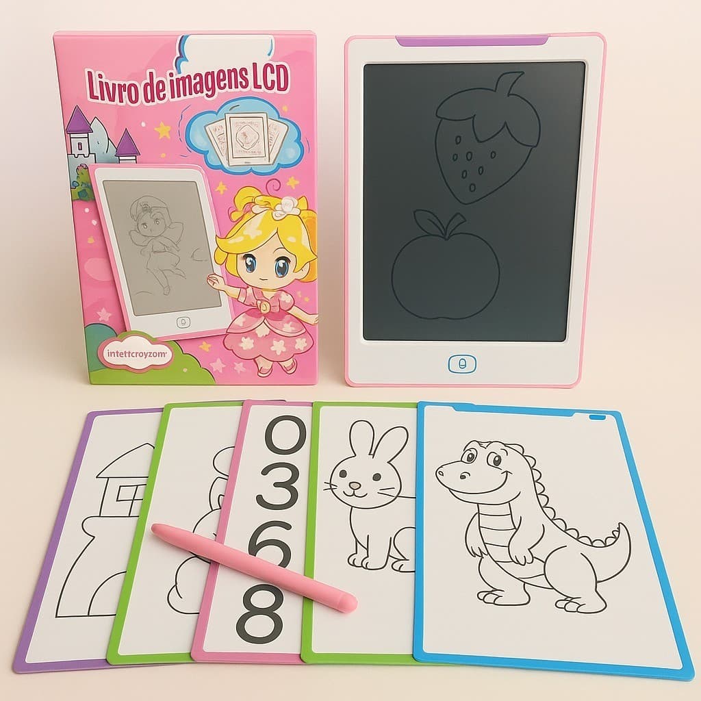 QIU - Lousa Mágica Educativa 9" LCD Com 20 Pastilhas de Imagens e Figuras Repetição P/ Aprendizado.