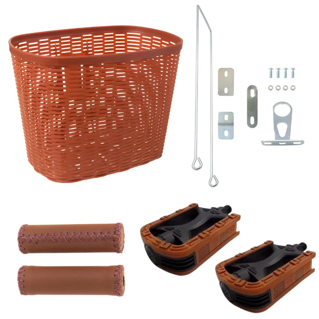 Kit Vintage Marrom Bicicleta Retrô com Cesta + Manopla + Pedal Rosca Fina bike Passeio urbana Feminina.