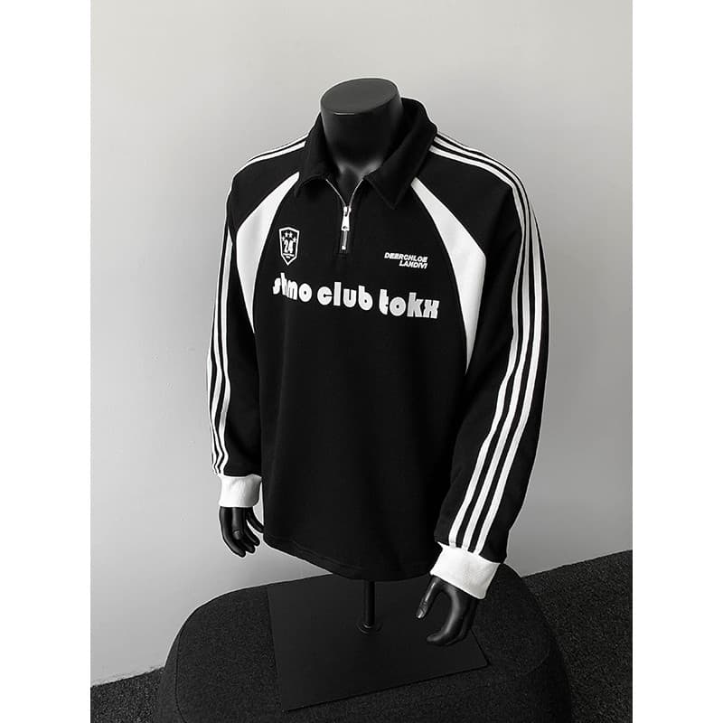 Estilo americano estilo esportivo meio zíper moletom masculino primavera outono Retro tendência costura solta gola polo