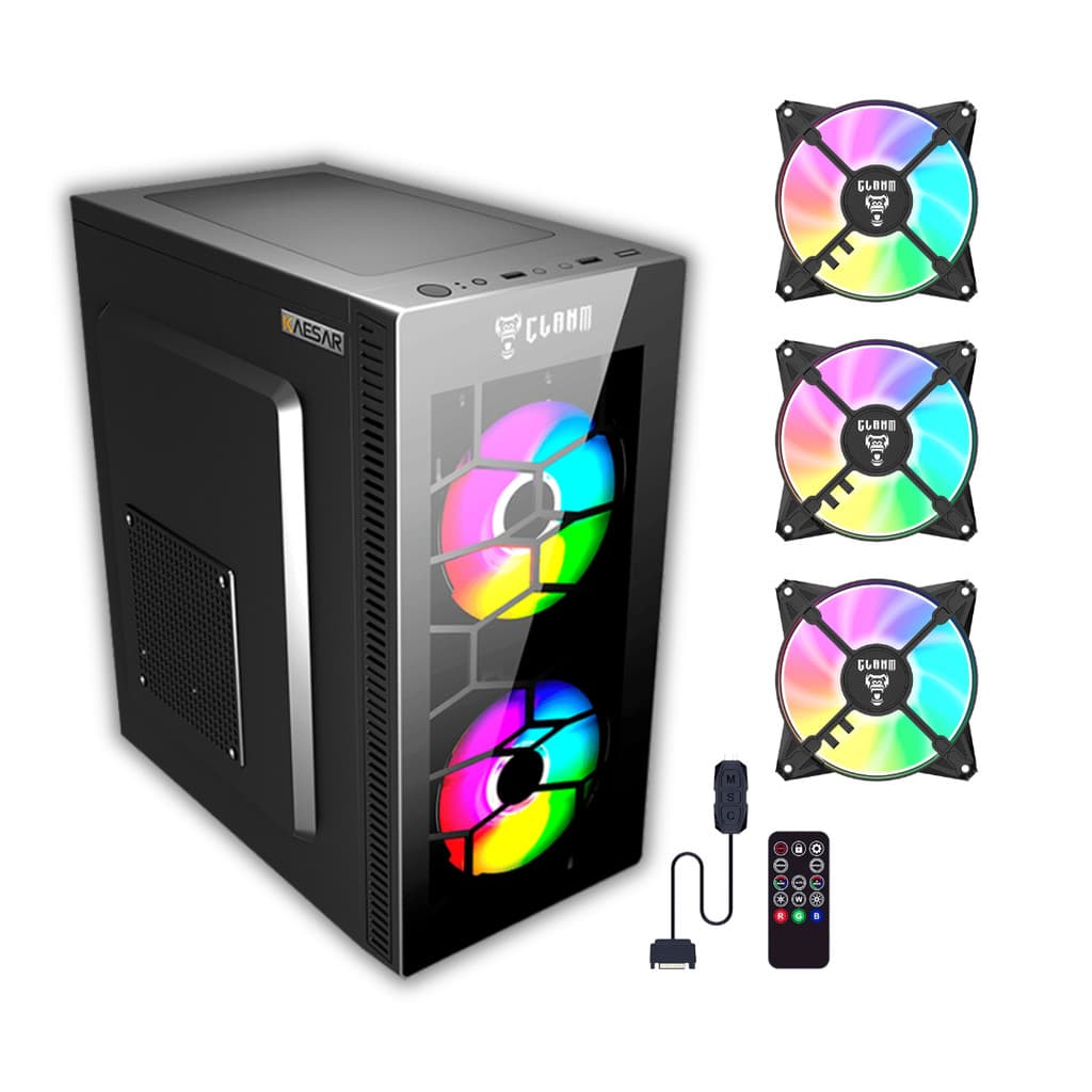Gabinete Gamer Kaesar com Vidro Frontal Mid Tower Clanm Com 3 Fans ARGB + Controladora