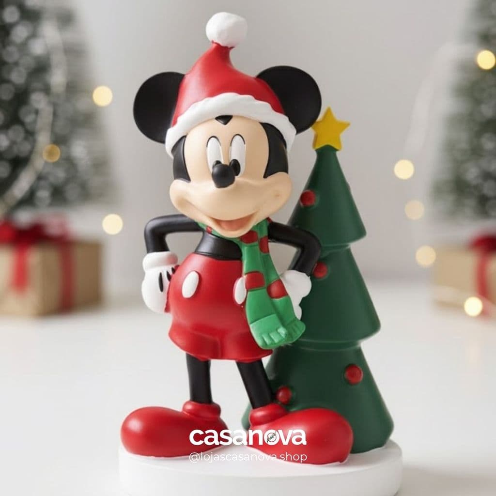 Resina Mickey em Pé com Árvore 17cm Vermelha/Verde – Enfeite de Natal Disney