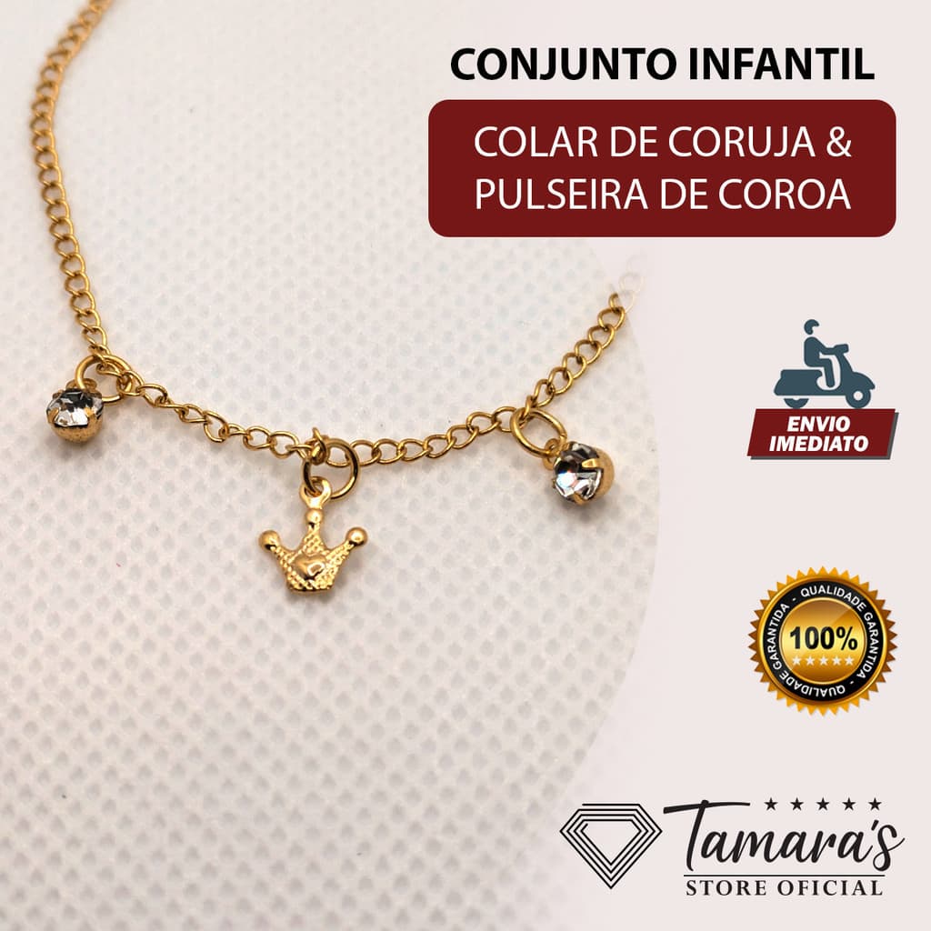 Colar de Coruja mais Pulseira de Coroa Folhada a Ouro 18K Infantil hipoalérgico