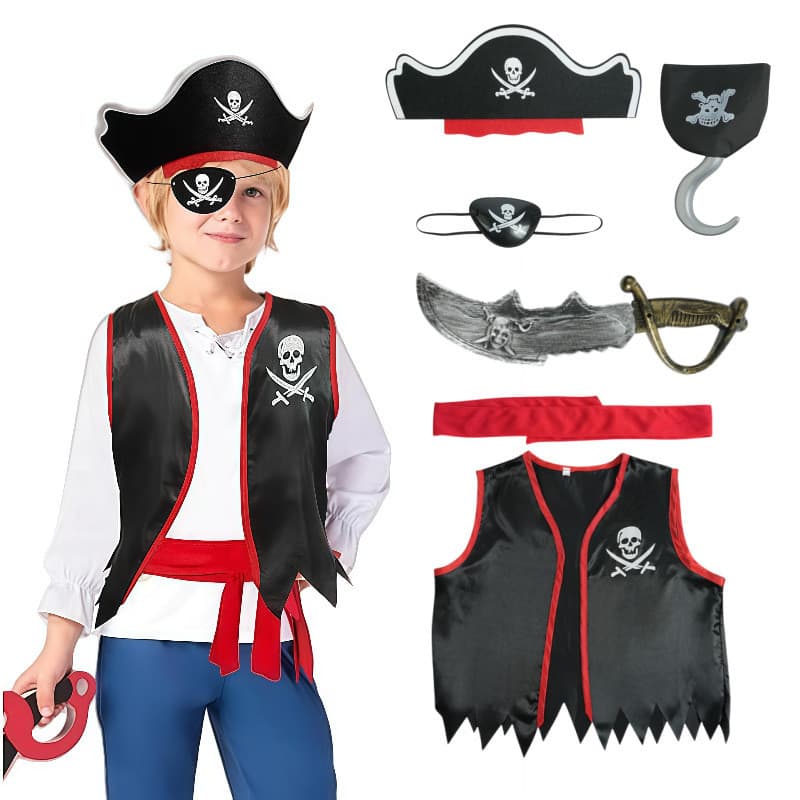 Fantasia infantil de Halloween, fantasia de capitão Jack, fantasia de piratas do caribe, colete