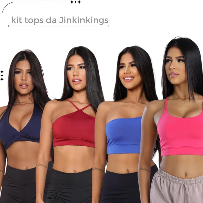 Kit 4 tops- decotado, alça única, multiformas e alça em V. Kit rosa, preto e azul
