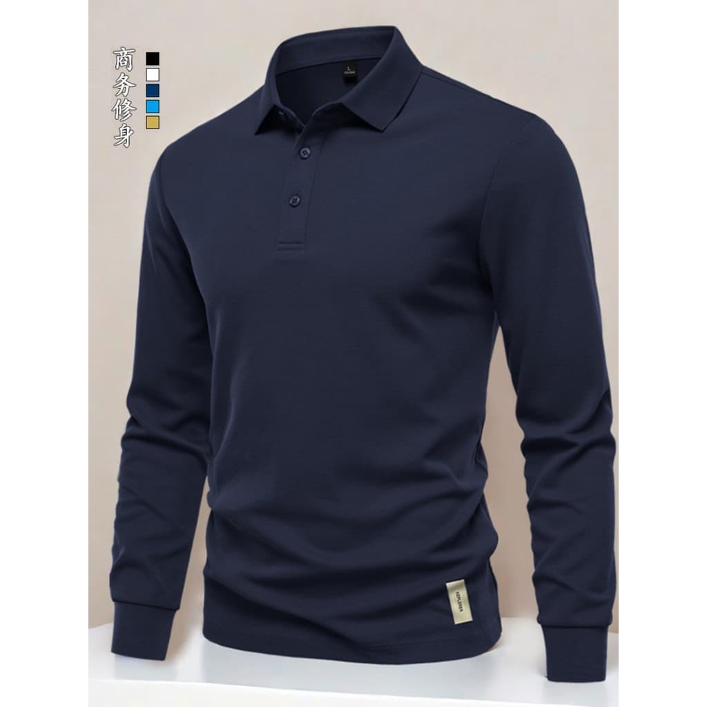 Camisa polo masculina de manga comprida Casual Slim-Fit negócios lapela outono All-Match Base moda tendência cor sólida