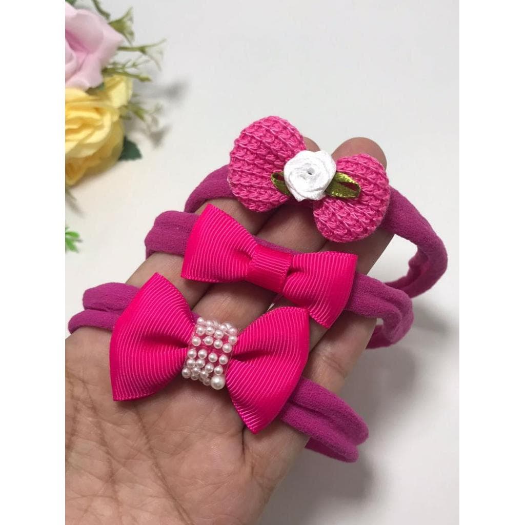 Kit 3 Mini Laços Na Faixa De Meia De Seda Para Bebês Crochê Perolas