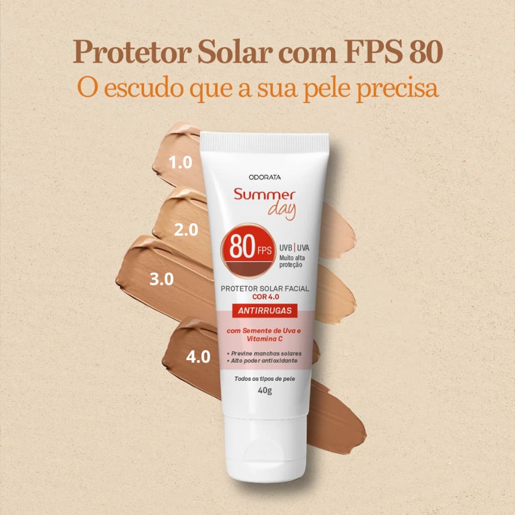 Protetor Solar Facial Antirrugas Odorata Summer Day FPS 80 40g Cobertura Com Cor e Proteção Máxima