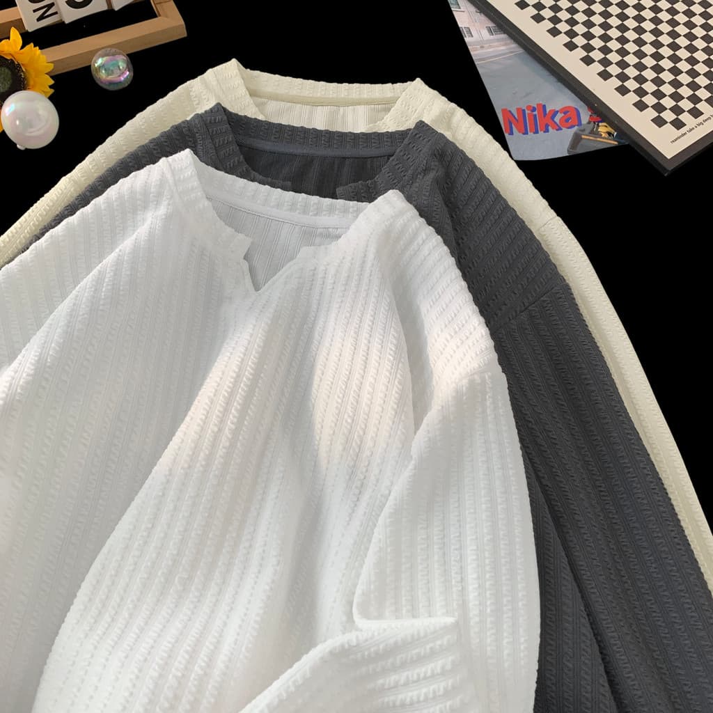 Americano texturizado com decote em V de manga comprida camiseta masculina primavera outono solto pesado camisa de fundo