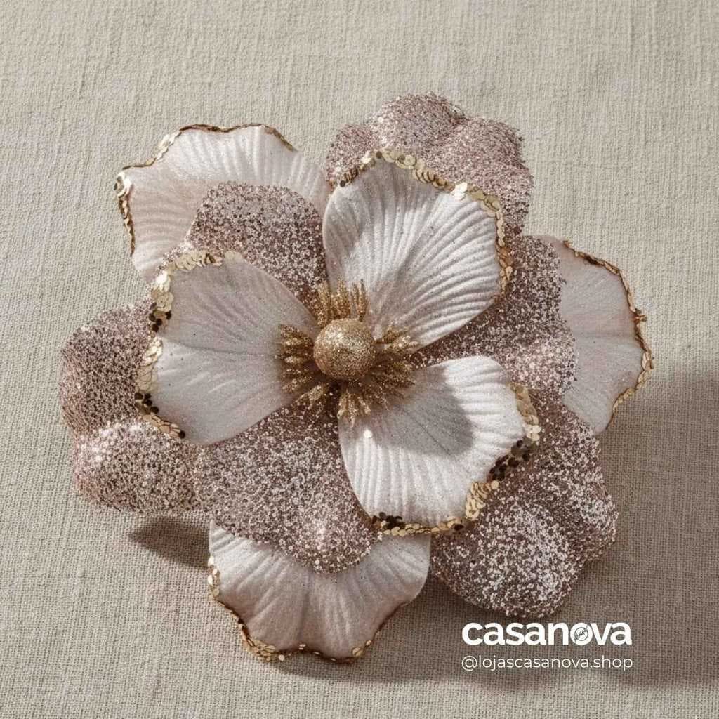 Flor Magnólia Aveludada c/Glitter 30cm Champanhe – Enfeite Natalino Luxo
