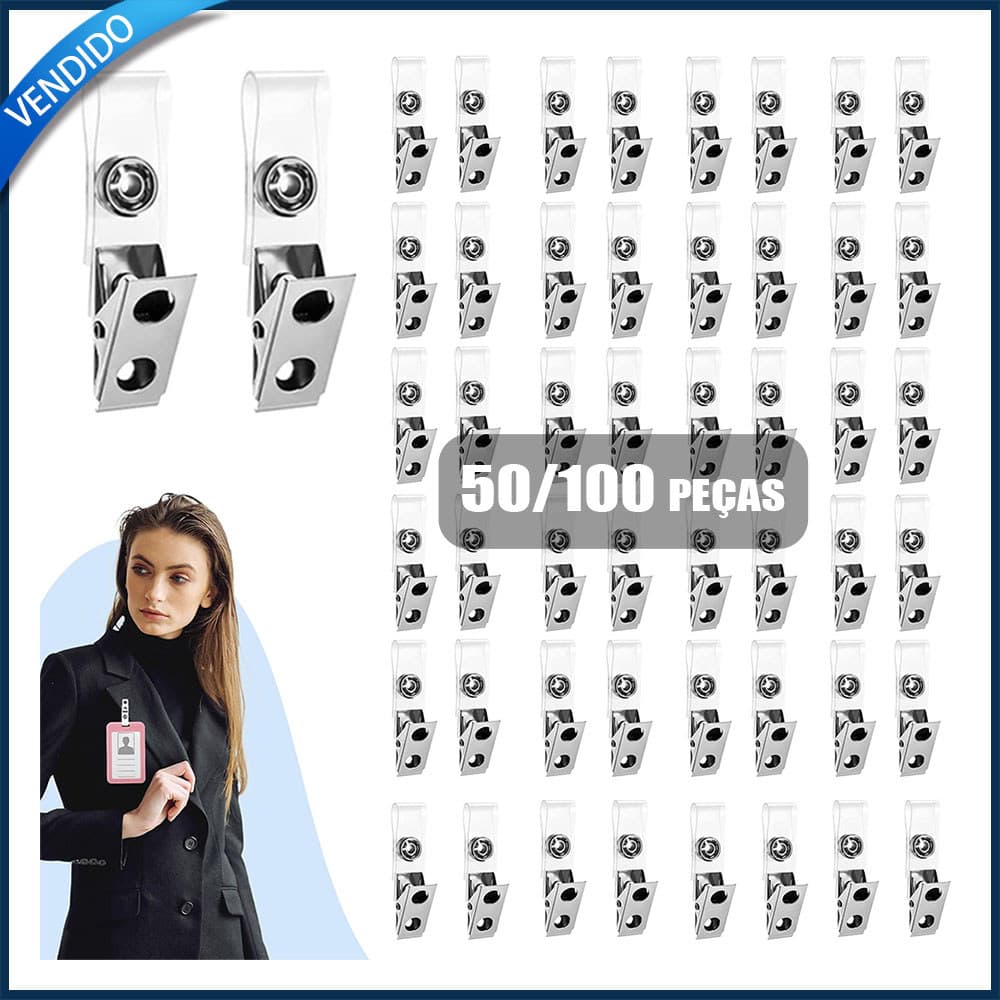 50/100x Clipe para crachá com dois furos e cordão de PVC transparente para crachás e passes de trabalho