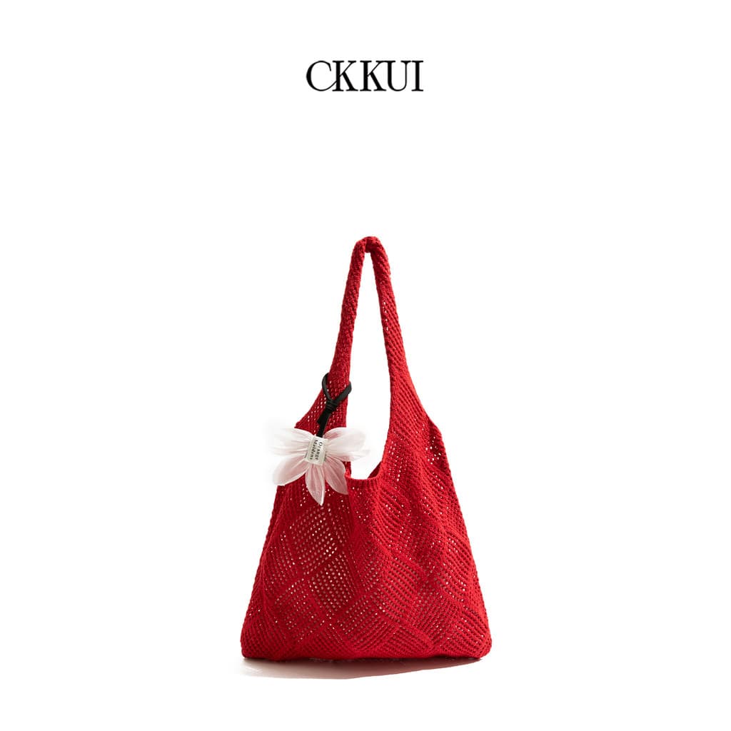 CKKUI Retro Simples Vermelho Tecido Bolsa Preguiçoso Commuter Malha Bolsa Grande Capacidade Casual Oco Ombro Bolsa