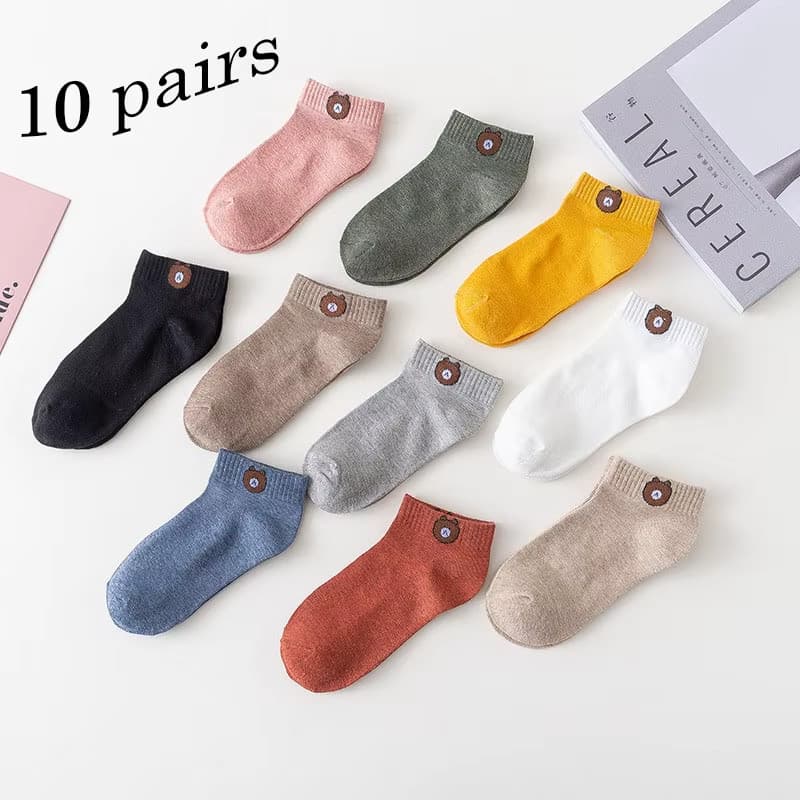 Kit 10 Pares de Meias Femininas Baixo Cano – Estampa de Urso, Casuais, Confortáveis e Respiráveis