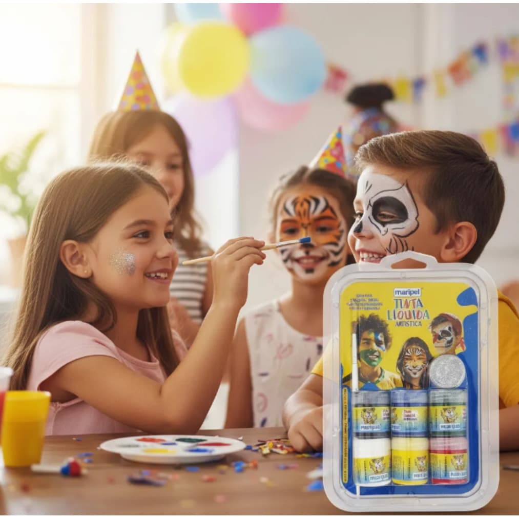 Kit Pintura Facial Líquida 6 Cores + Glitter e Pincel – Ideal para Festas, Fantasias, Teatro e Torcidas