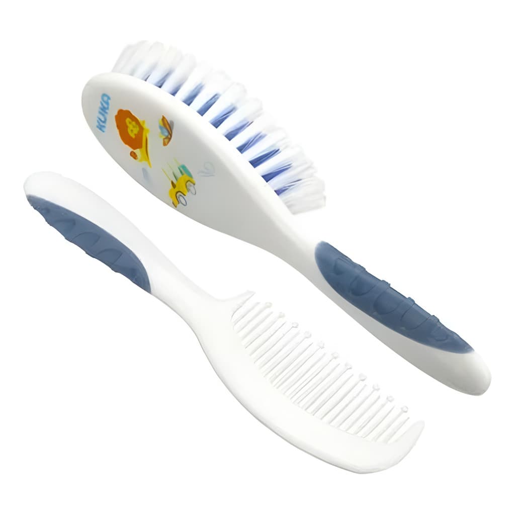 Kit Escova e Pente Kuka Soft Bebê Cerdas Macias Leão Azul/Branco