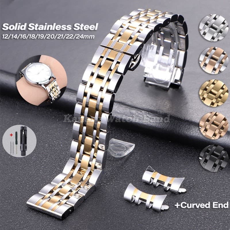 12/14/16/18/19/20/21/22/24mm Aço Inoxidável Sólido Clássico Sete Contas Pulseira De Relógio Universal Flat Curved End Me