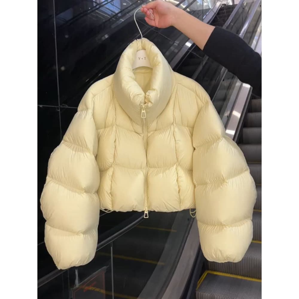 Único Super bonito cremoso amarelo curto jaqueta feminina inverno 2025 novo estilo estilo coreano pequeno pão jaqueta