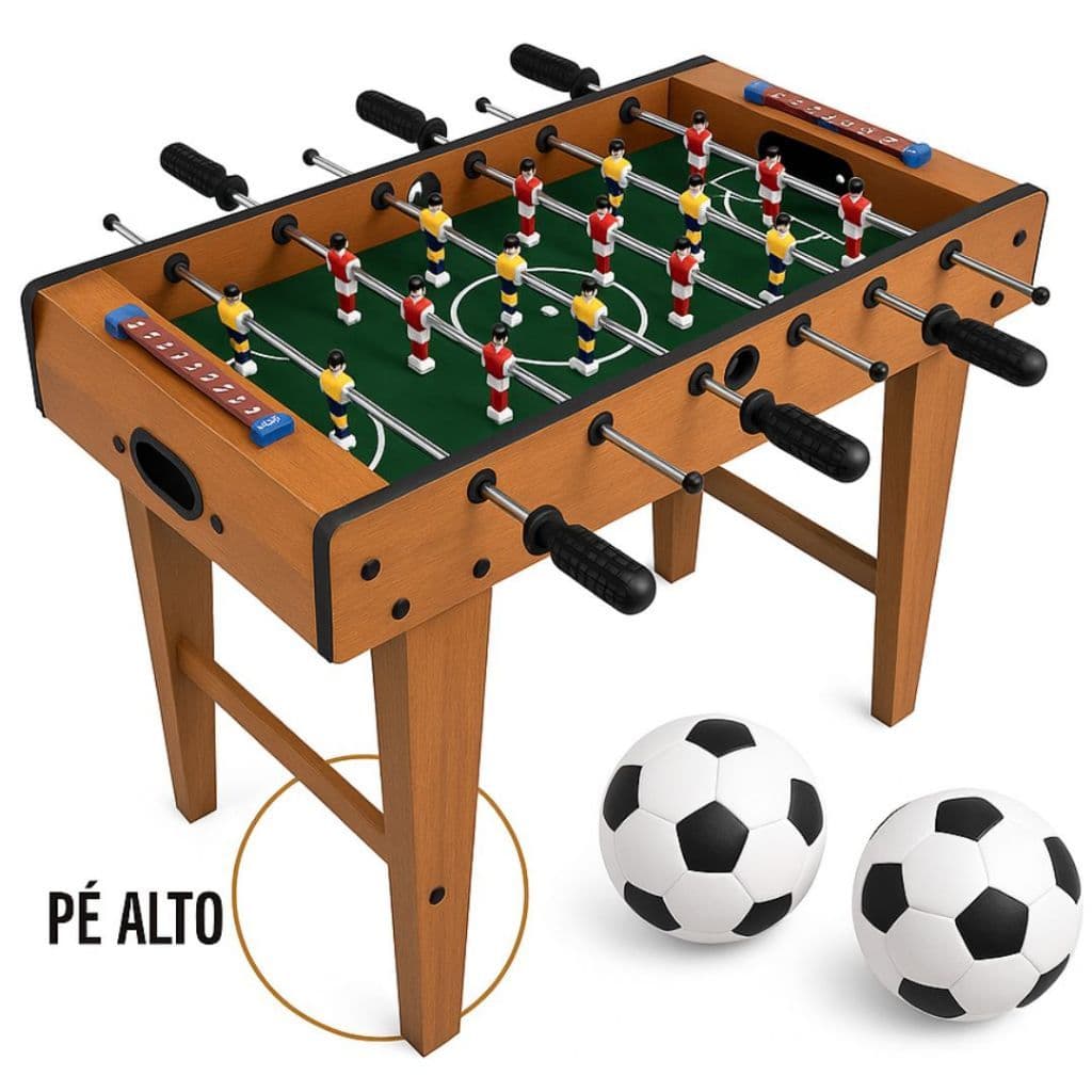 Mini Mesa Infantil Pebolim Futebol Totó Pés Madeira Alto 60cm 18 Jogadores Marcador