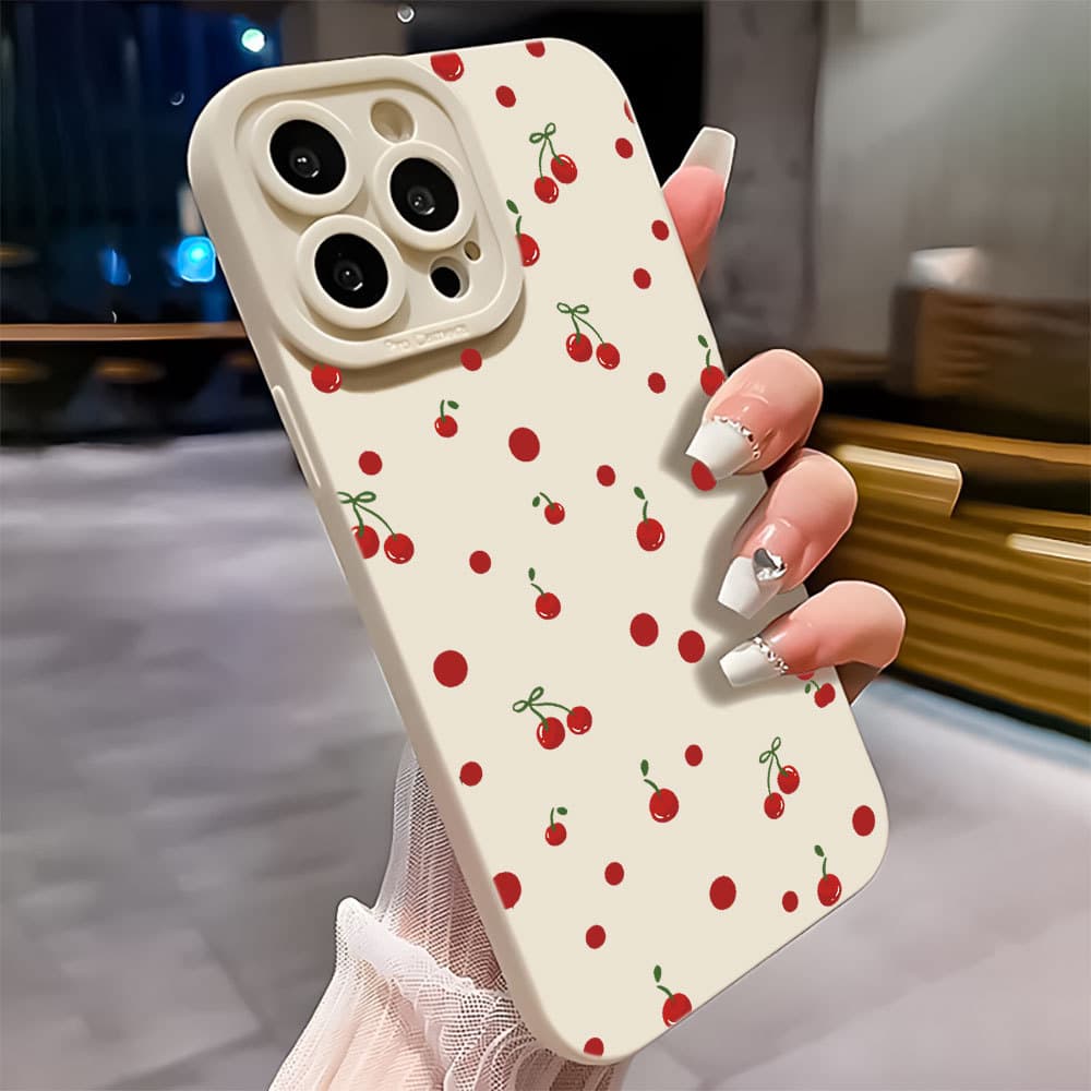 Ins Cereja Capinha Capa Para IPhone 7 8 X Xs XR 11 12 13 14 15 16 17 Ar Plus Pro Max Normal De Cobertura Completa