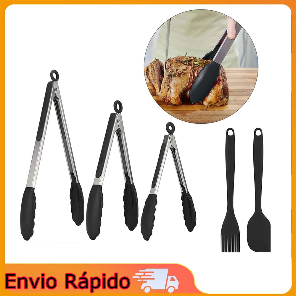 Conjunto de pinças para alimentos em aço inoxidável e silicone (3 pinças em tamanhos diferentes + 2 escovas de silicone)