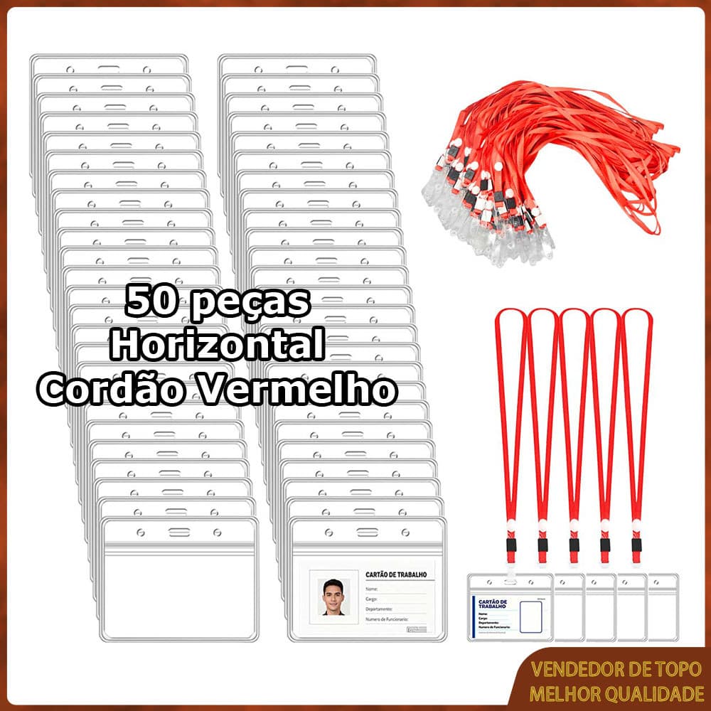 50 peças Porta-cartão de identificação + cordão vermelho Porta-crachá horizontal transparente,Cordões Porta Crachá