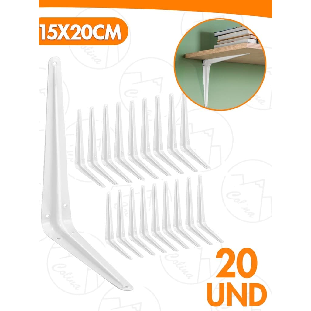 Kit 20 Und Mão Francesa Reforçada Cantoneira Metálica Branca 6x8'' 15x20CM Suporta 10Kg Bestfer