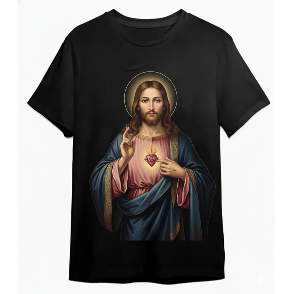 Camiseta Feminina Retrô Casual Em Puro Algodão Com Estampa De Jesus Cristo E Sagrado Coração