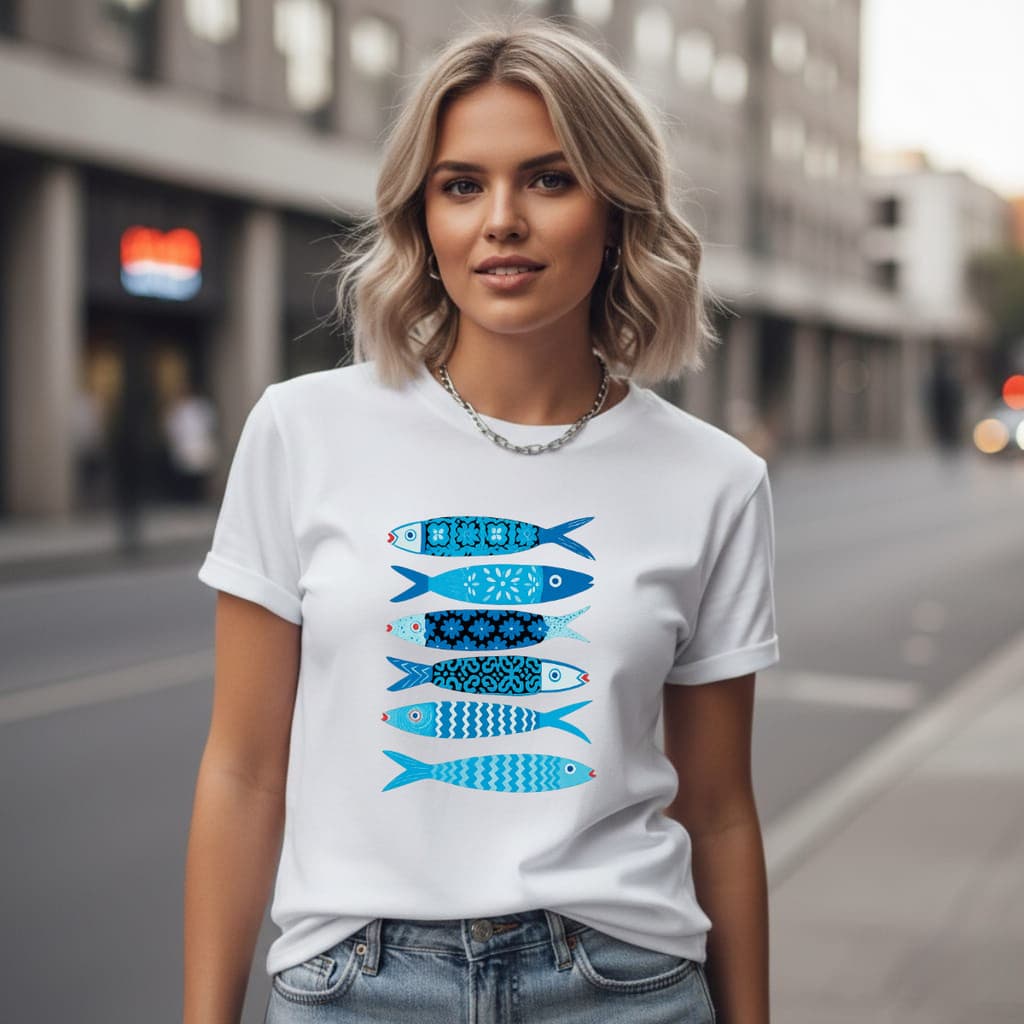 Camiseta Feminina Sardinhas Azuis  Blusa Feminina Sardinhas 100% Algodão Conforto estilo verão