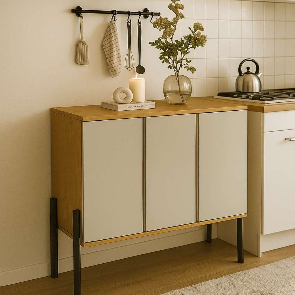 Buffet Moderno em MDF com 3 Portas, Prateleiras Internas e Pés de Ferro – Elegância e Funcionalidade