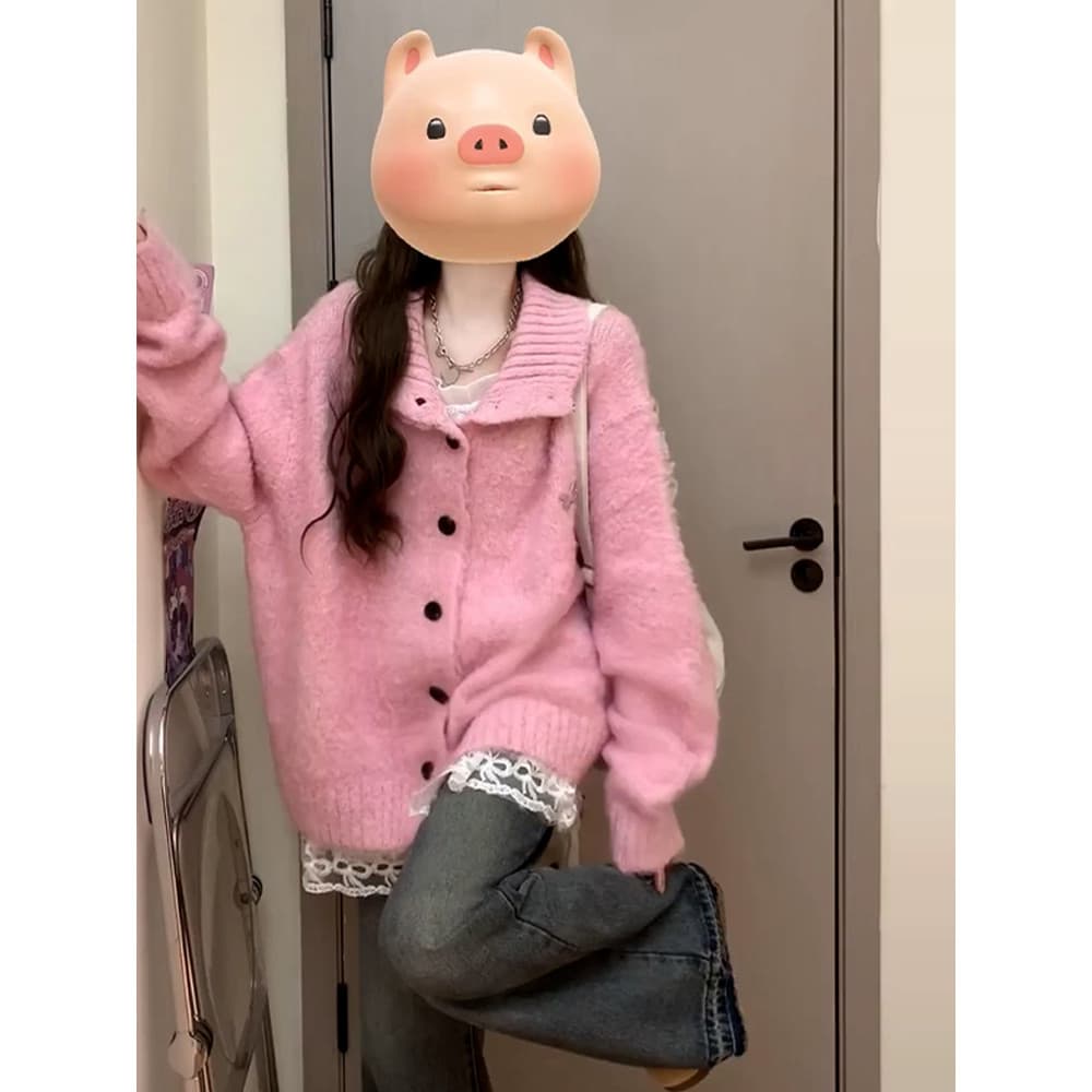 Estilo preguiçoso doce feminino lapela malha Cardigan rosa camisola feminina novo estilo início do outono coreano Casual