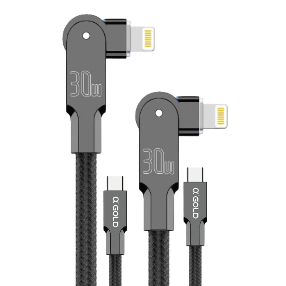 Kit 2 Cabo Turbo Tipo C + Tipo Lightning Para Iphone PD 30W 180º 1 Metro A'gold Original CB90