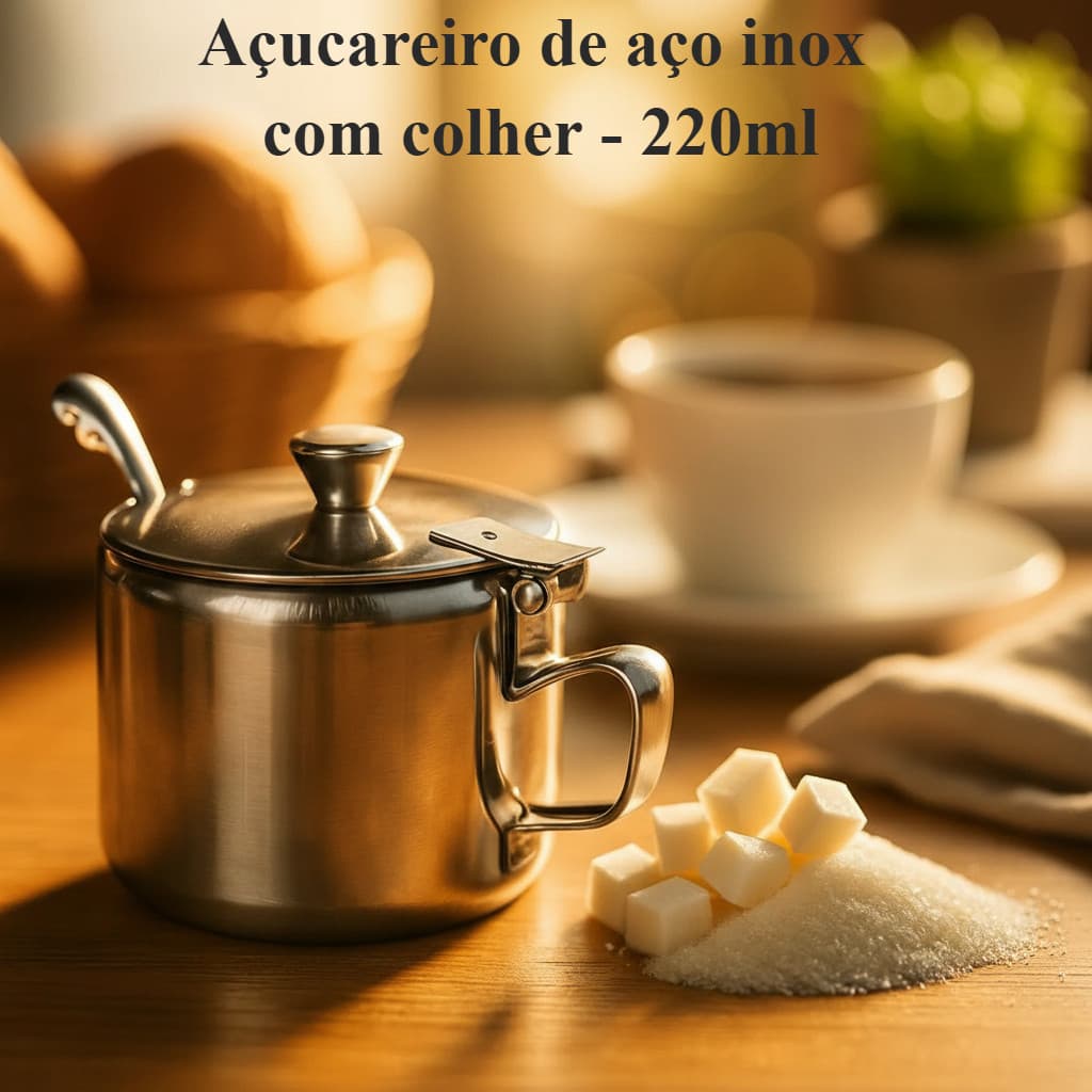 Açucareiro em Aço Inox com Colher Tampa e Alça Premium Nao Enferruja Farinha Leite em pó Linha Luxo