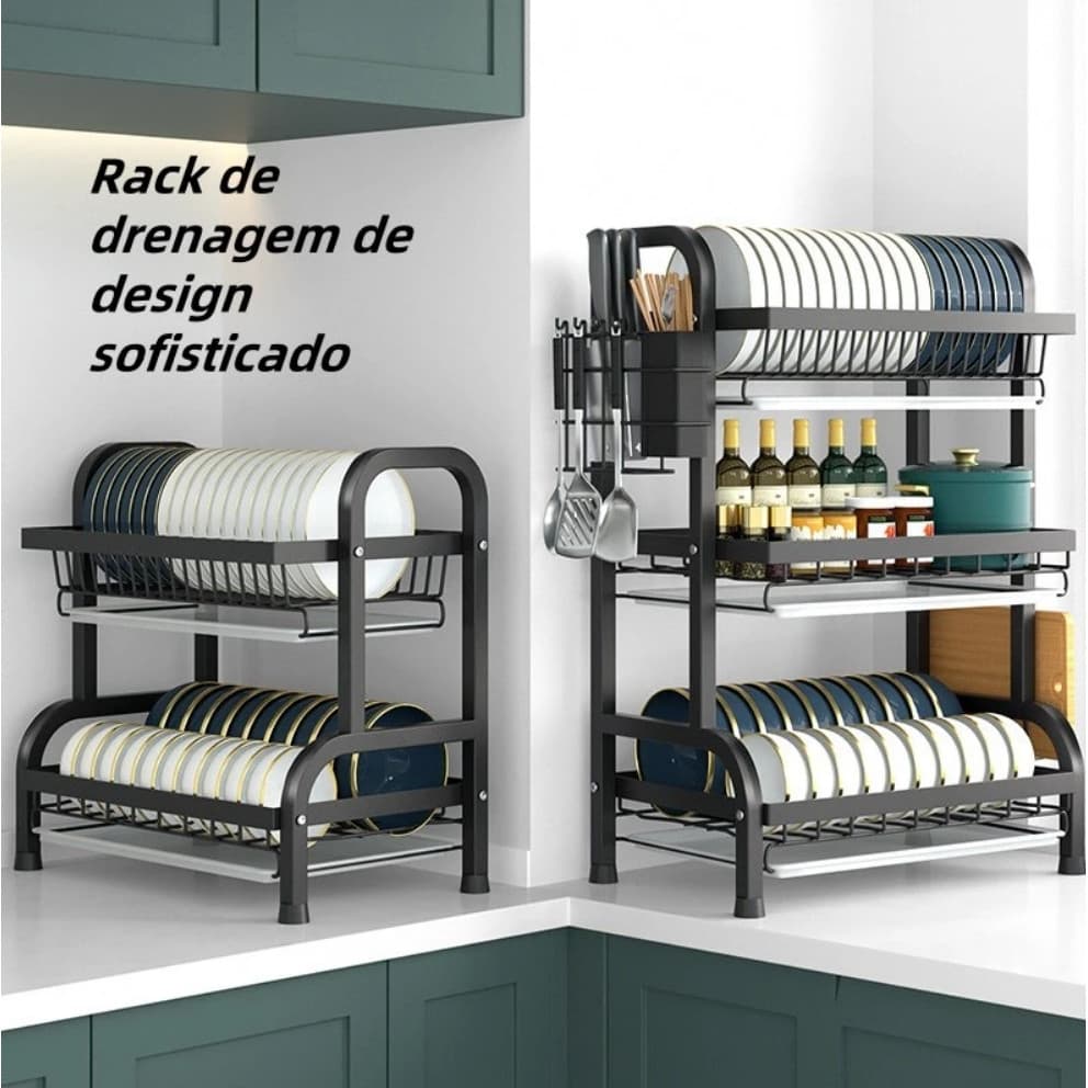 Escorredor Duplo de Louças Preto Pia Cozinha Porta Talher Organizador de Louças Aço Inoxidável Rack