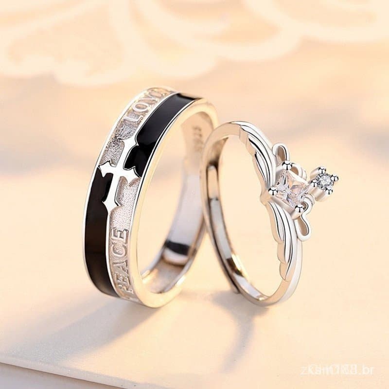 Anel de Cobre Ajustável Princesa e Cavaleiro Cruz Coroa Anel de Casal Presente de Amor Aberto