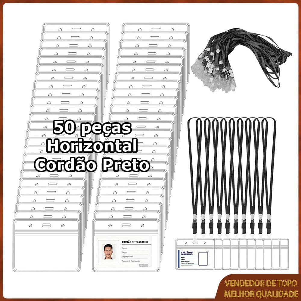 50 peças Porta-cartão de identificação + cordão preto Porta-crachá horizontal transparente,Cordões Porta Crachá