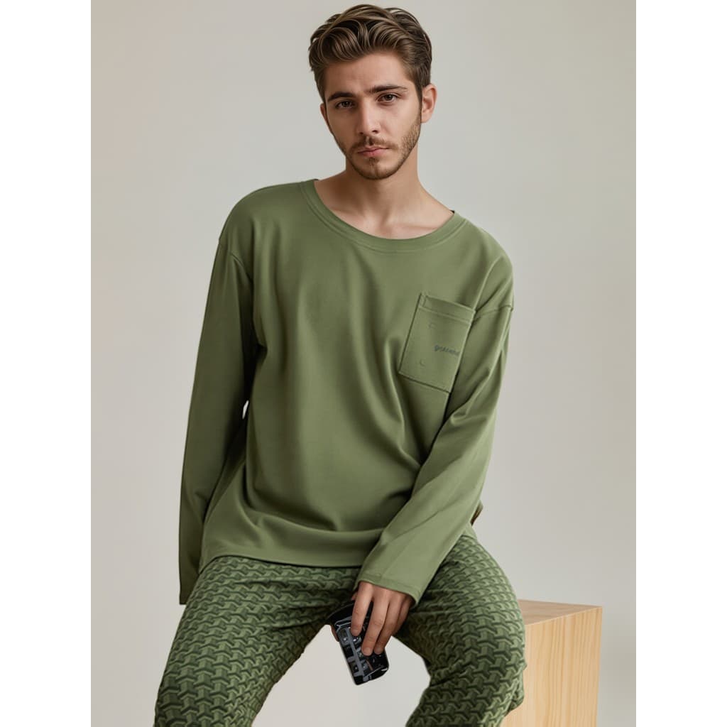 Pijama Casual masculino conjunto de 2 peças - pijama de manga comprida com gola redonda, impressão aleatória, versão Reg