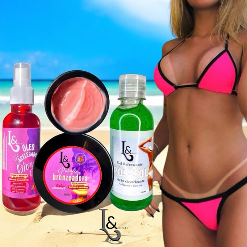 Kit Bronzeador 150ml + Parafina Aceleradora Marquinha Fita Biquíni L&Beauty + Pós sol Cicatrizante
