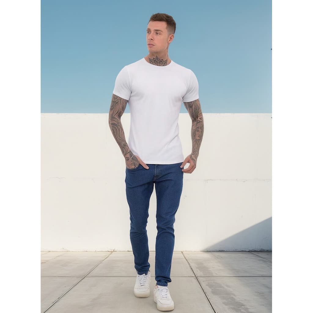 Camiseta Masculina Básica Canelada Branca | Malha Esticável, Slim Fit, Estilo Moderno