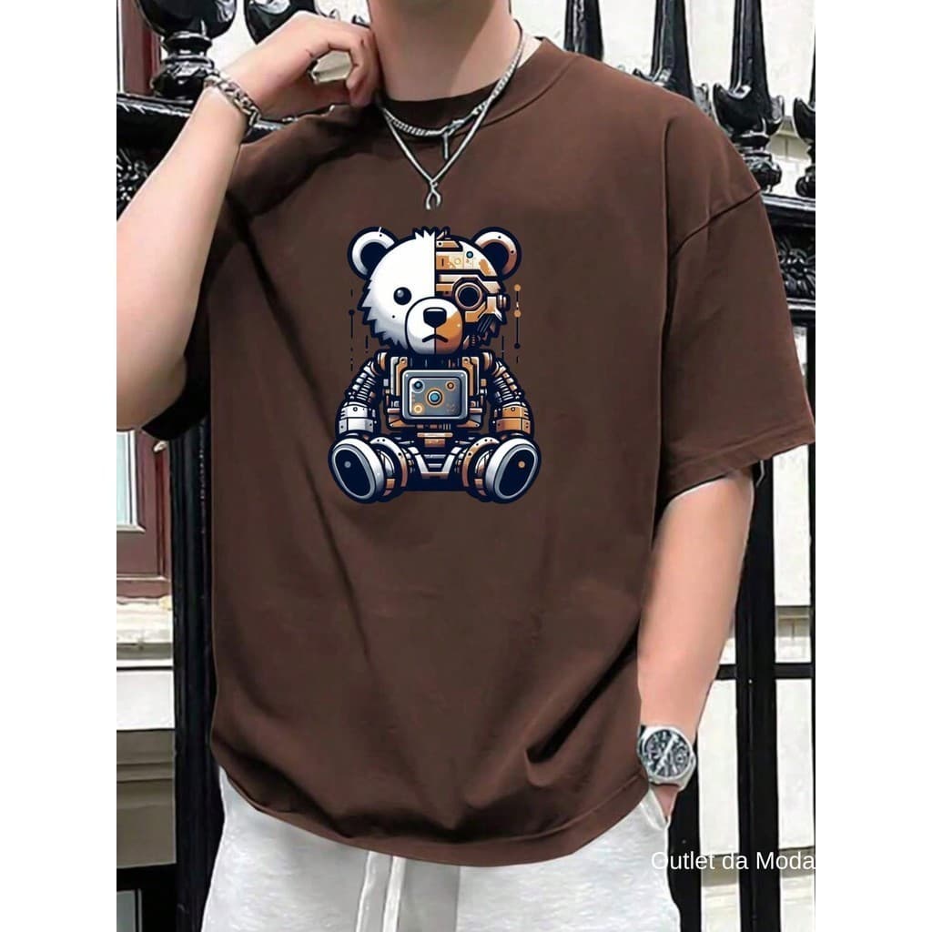 Camiseta Masculina Estampada Robô Metade Panda Camisa 100% Algodão Malha Premium