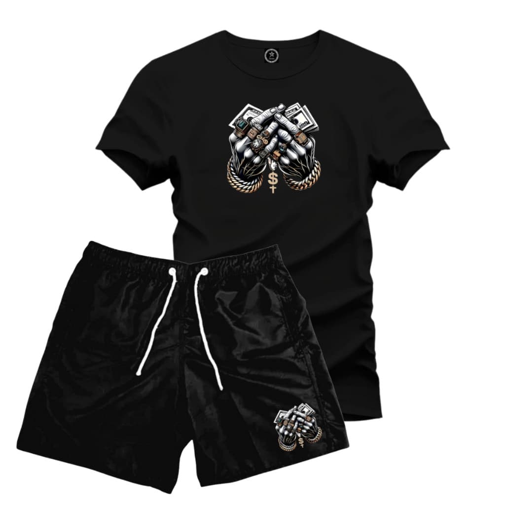 Conjunto Kit Camiseta 100% Algodão MÃO GANGSTER DOLAR + Short Moda Praia Tactel Preto