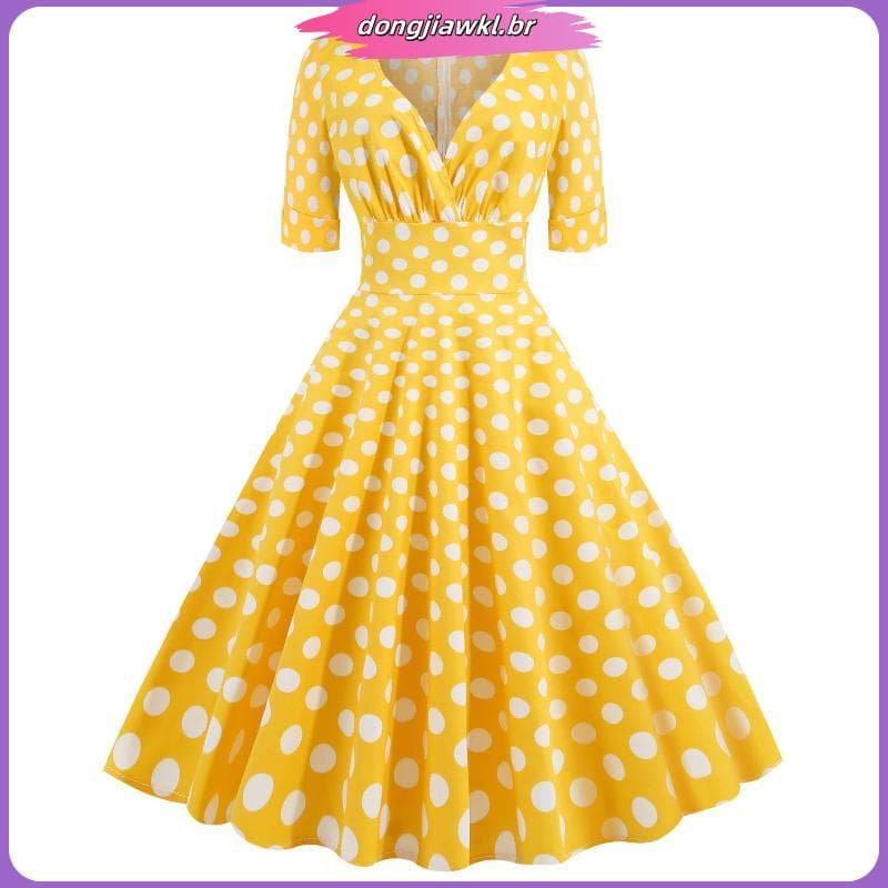 Vestido Polka dot print vintage Com Decote Em V PROM Adulto Dos Anos 60