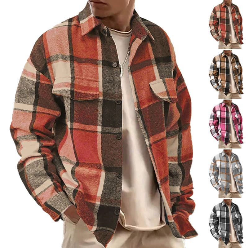 Camisa xadrez de lapela retrô escovada Casual jaqueta de manga comprida