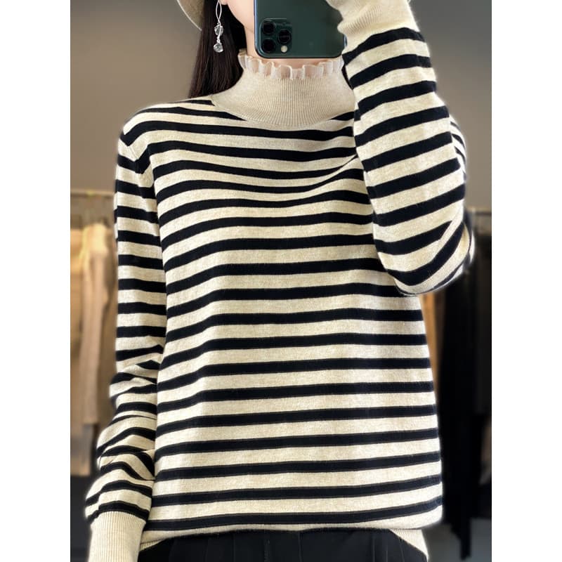 Outono inverno novo estilo meia gola alta listrado camisa de fundo feminino solto renda interna flor meados de pescoço c
