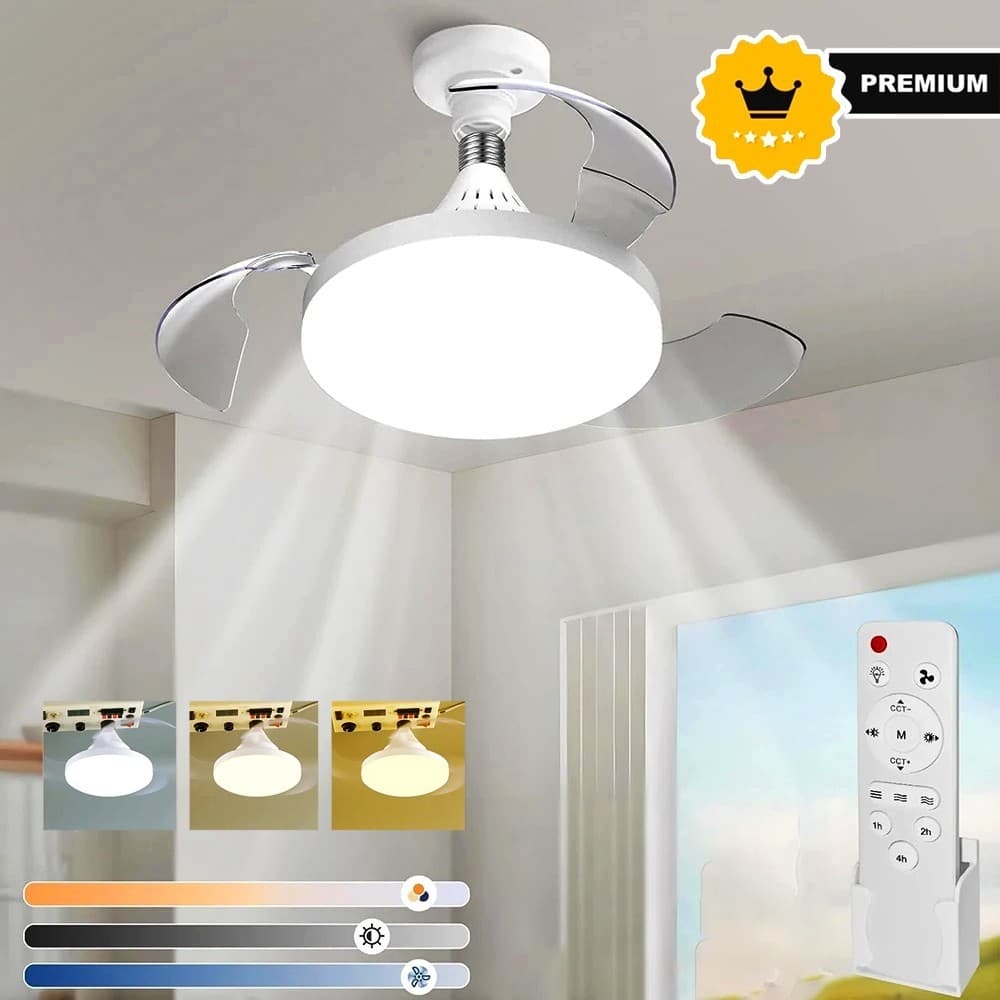 Ventilador Retrátil 40cm de Teto 80W E27 com Luz Ajustável Controle Remoto Silencioso Moderno