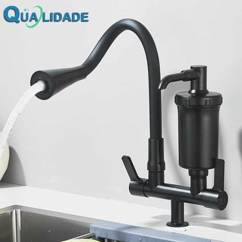 Torneira Filtro Bancada Gourmet Flexível Cozinha Preta/Prata
