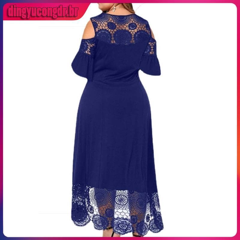 Vestido De Manga Comprida Casual Com Gola Redonda Costura De Renda Irregular Plus Size Festa De Noite Longa