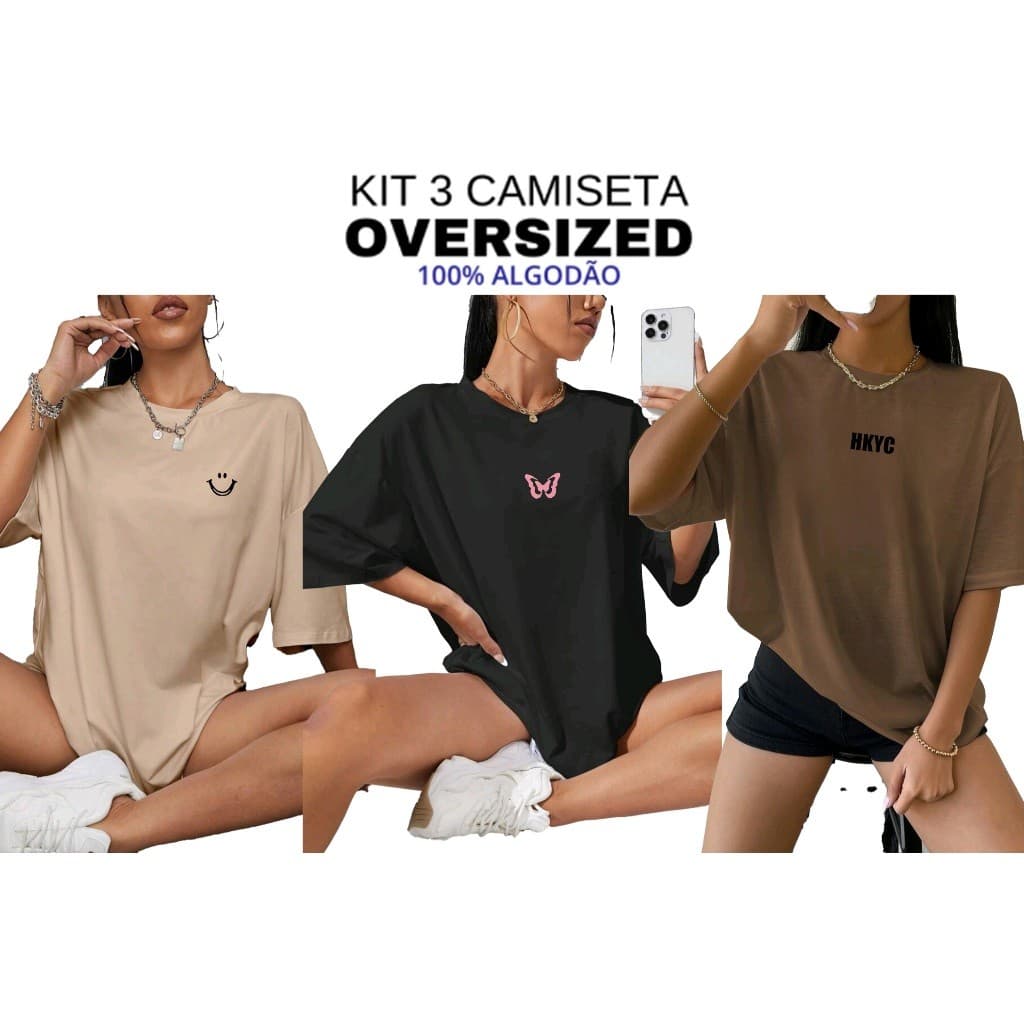 Kit 3 Camiseta Oversized Feminina 100% Algodão estampado Streetwear